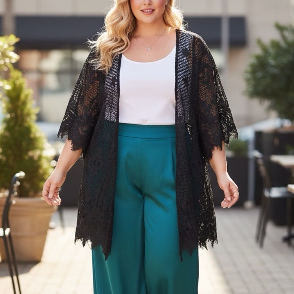 Torrid Lace Kimono Black Cotton/ Nylon Jacket Ruana 1/2 1X